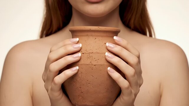 Young Woman Holds Terracotta Jar Against White Background Showing Hands and Nails In Studio Potrait
