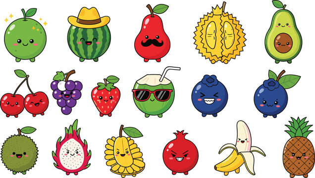 Large set of cute kawaii fruit characters with funny facial expressions including apple watermelon banana and tropical fruits flat vector illustration.