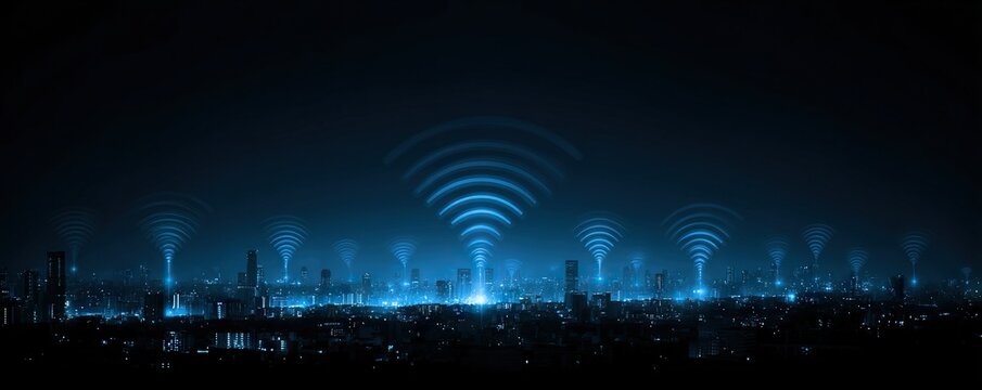 Smart city night skyline with glowing wifi signals, wireless network coverage and digital connectivity concept