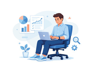 Man with laptop analyzing charts in office, flat vector illustration