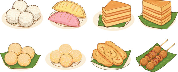 Traditional Asian Desserts and Snacks Set Including Rice Balls Layer Cakes Dumplings Fritters and Skewered Sweets Vector Illustration