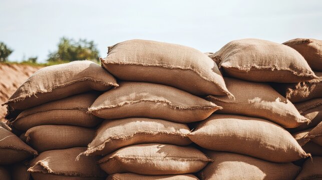 Large stacks of sandbags made from burlap are piled high outdoors under a clear sky demonstrating a strong defensive berm structure