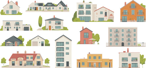 Residential house and apartment illustration collection, modern and traditional home facades, architectural styles, urban housing designs, isolated on white background © Shaharia