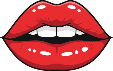 Obraz premium Sexy red female lips with white teeth and shiny highlights isolated on white background for makeup beauty and fashion concept flat vector illustration.