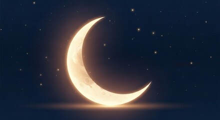 Naklejka premium Illustration of a golden crescent moon shining brightly above the horizon with a star-studded night sky in the background.
