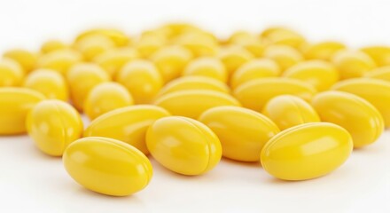 Fototapeta premium Numerous bright yellow oval softgel capsules are scattered across a clean white surface.
