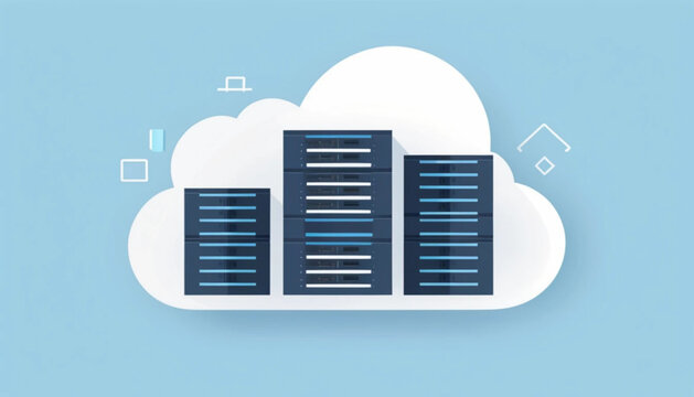 Flat vector icon of cloud computing, data servers inside a cloud, IT technology theme, modern minimalist style, blue and white color palette, clean background