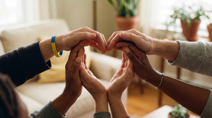 Obraz premium Group of diverse hands forming heart shape indoors for World Down Syndrome Day 