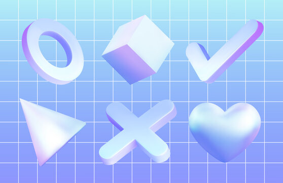 3D geometric shapes and interface symbols on grid background for user interface design, web layouts, mobile applications, dashboards, presentations, and modern digital projects