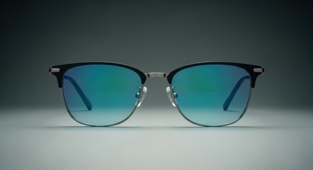 Eyewear featuring highly reflective blue and green mirrored lenses rests on a smooth surface.