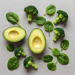 Green food concept with avocado, spinach, broccoli flat lay
