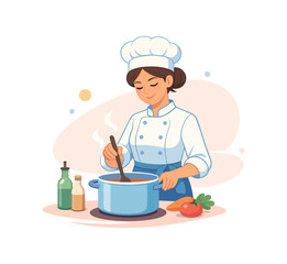 Chef cooking soup in kitchen, flat vector illustration