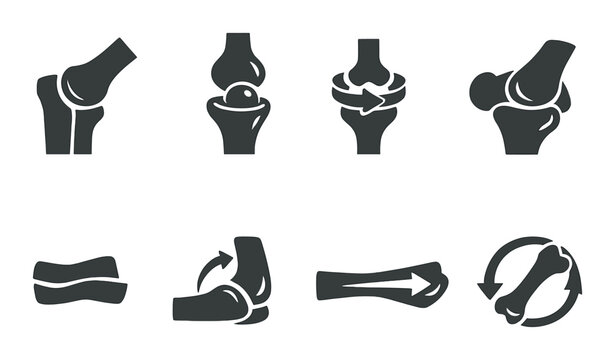 Biomechanics joint movement icons: knee, elbow, wrist, hip rotation