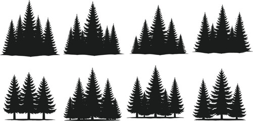 Pine tree silhouette vector set, forest cluster shapes, black minimalist icons for nature, landscape, outdoor, environmental, rustic design themes
