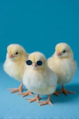 Three yellow chicks, wearing sunglasses, on blue