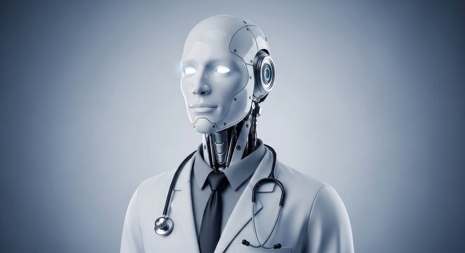 Futuristic humanoid medical assistant wearing a white coat and stethoscope stands ready for consultation
