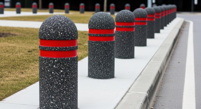 Row of speckled security posts with bright red reflective bands lines the edge of a paved surface
