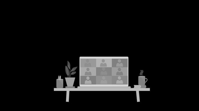 Animation of a virtual meeting on a laptop with a minimalist desk setup