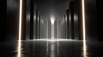 Obraz premium Dark industrial corridor featuring tall concrete pillars and white lights