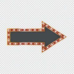 A vintage right-pointing arrow sign with a border of glowing light bulbs