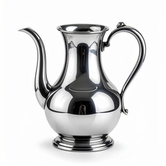 Elegant Polished Silver Coffee Pot with Curved Handle and Spout on White Background with Reflections