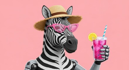 Fototapeta premium Anthropomorphic robotic zebra enjoys a refreshing beverage while wearing a straw hat and sunglasses against a solid background