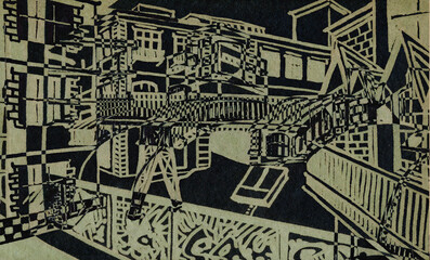 Obraz premium Abstract sketch of industrial architecture on a black background. Architectural fantasy.