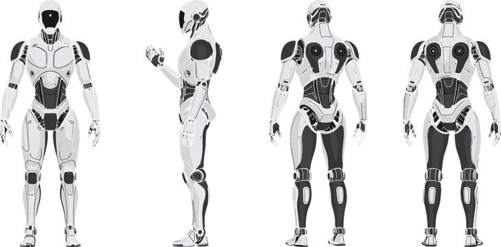 Full body views of a sleek white and black humanoid robot or cyborg, showing front, side, and back poses, representing futuristic technology and artificial intelligence.