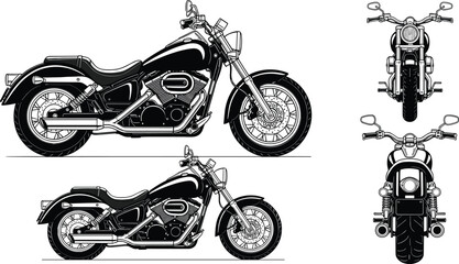 Detailed cruiser motorcycle illustration showing side front and rear views in black and white vector line art technical style design blueprint © Art_By_Shoriphul