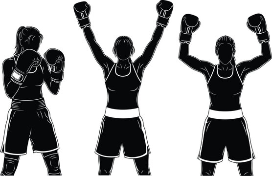 Female boxing athletes silhouette illustration showing victory pose and fighting stance sports fitness empowerment black vector design artwork training competition strength