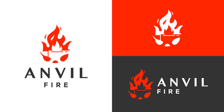 Creative simple anvil fire logo template. Abstract anvil with fire flames burn, Blacksmith logo design vector illustration.