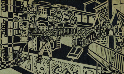 Obraz premium Abstract sketch of industrial architecture on a black background. Architectural fantasy.