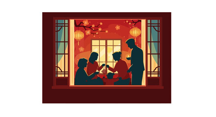 Illustration of a happy family celebrating together during the Spring Festival Holiday in China, with a traditional red lantern-lit background and joyful atmosphere.