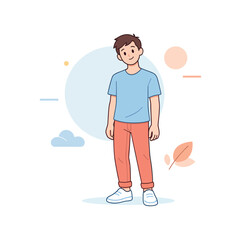 Fototapeta premium Smiling boy in casual attire with nature elements, flat vector illustration