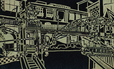 Obraz premium Abstract sketch of industrial architecture on a black background. Architectural fantasy.