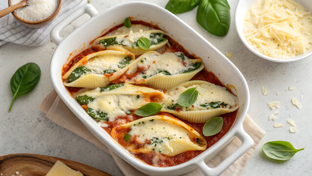Creamy ricotta spinach stuffed jumbo pasta shells in baking dish with basil garnish
