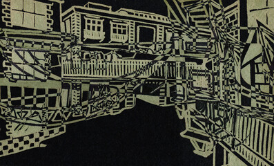 Obraz premium Abstract sketch of industrial architecture on a black background. Architectural fantasy.