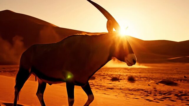 oryx walking desert dunes, african wildlife sunset