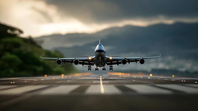 Runway perspective captures a jetliner rolling fast and preparing to take off, emphasizing speed, efficiency, and modern flight operations. cinematic color correction, natural uneven lighting yet