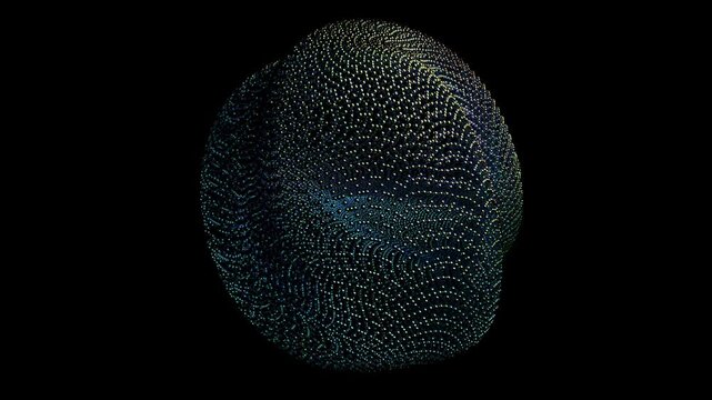 Distortion waves on abstract sphere of particles digital futuristic data network glowing suitable for science, technology, data visualization, and abstract art projects.