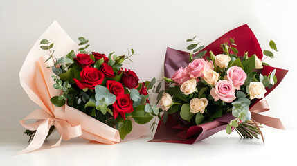 Elegant flower bouquets with roses and eucalyptus on pure white background