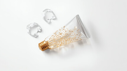 Minimalist Overhead Shot Of A Clear Cosmetic Tube Featuring Gold Floral Patterns And A Lightbulb Style Screw Cap Accompanied By Two Crystal Fragments