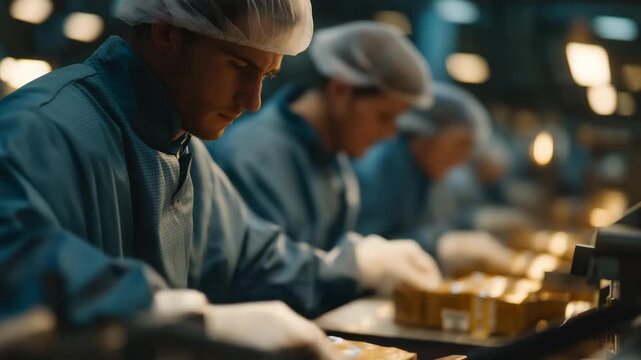 A busy production floor operates efficiently at the food factory, with employees wearing protective clothing while handling packaging, sorting, and food processing tasks. cinematic color