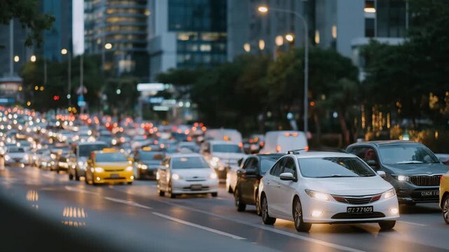A busy city street filled with cars honking, as frustrated drivers reveal their commuting stress while stuck in traffic, emphasizing the impact of road congestion on modern life and mental