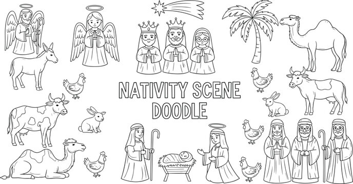 Hand drawn nativity scene doodle collection with baby Jesus Mary Joseph angels animals Christmas story black and white line art illustration set