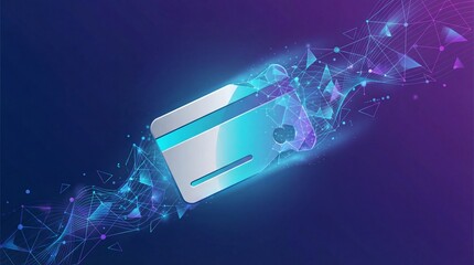 Naklejka premium A glowing credit card surrounded by a vibrant network of geometric shapes and lines on a dark blue and purple background