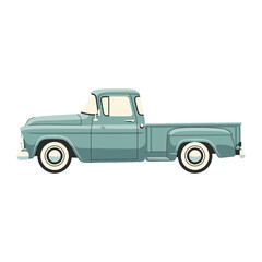 Teal vintage pickup truck with cream interior on a white background