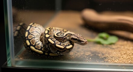 A coiled reptile inside a glass enclosure with plants and sand