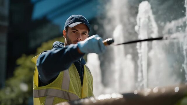 A municipal worker performs routine maintenance, carefully cleaning stone surfaces while maintaining a city public fountain, highlighting urban hygiene, public space care, and infrastructure