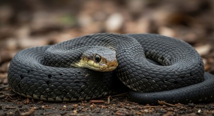 Fototapeta premium A dark, scaled serpent coiled on forest floor, watchful